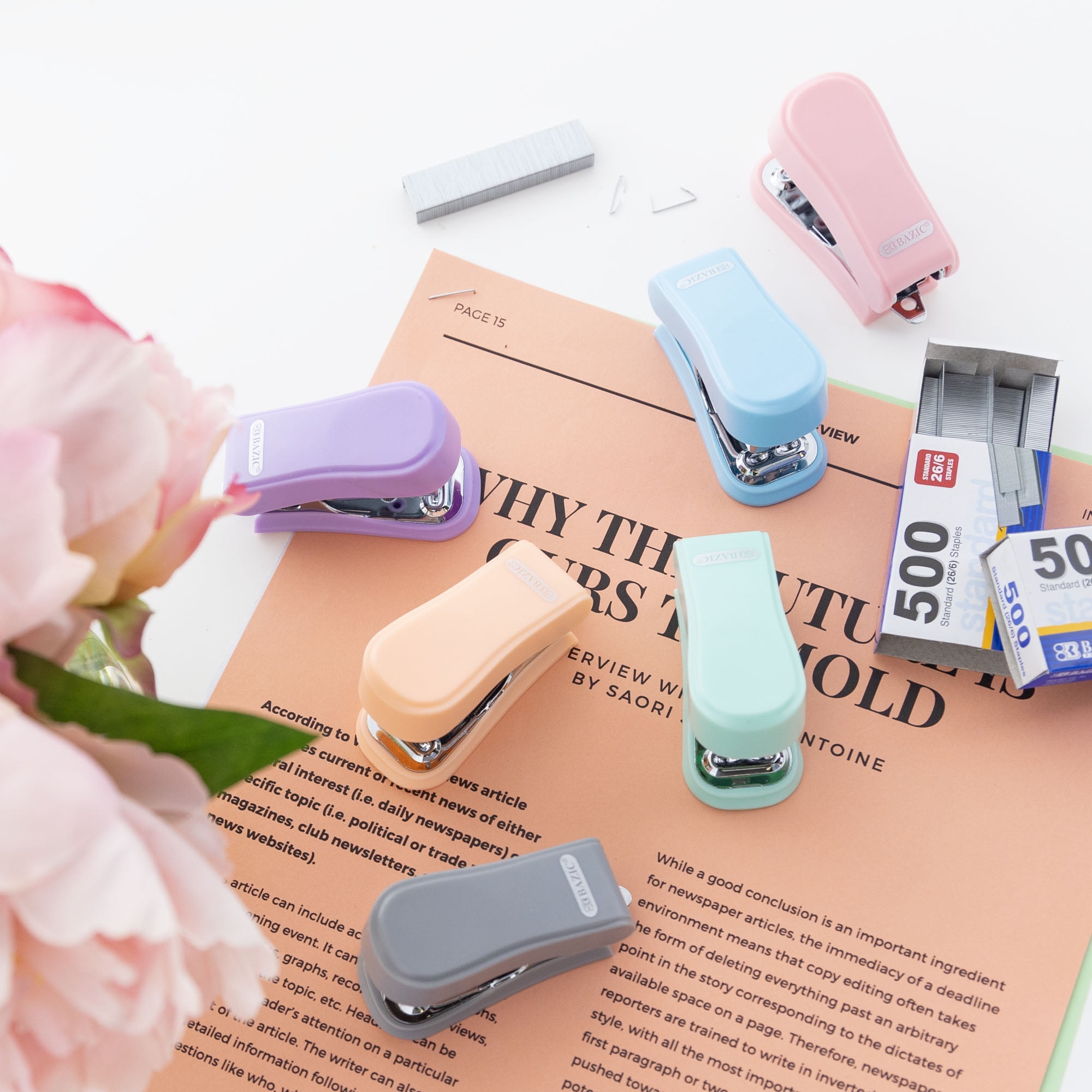 BAZIC Mini Stapler w/ 500 Staples, Standard (26/6) Pastel Color, Built-in Staple Remover, 24-Pack