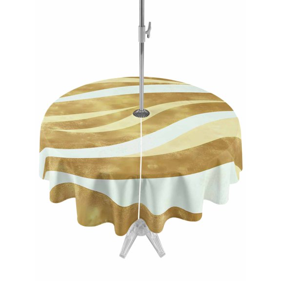 Outdoor Tablecloth with Umbrella Hole, Yellow Pink Waves Spillproof Waterproof Outdoor Table Cover, Ombre Sea Ripples Shabby Beach Patio Tablecloths for Party/Garden/Picnic, Round 60 inch