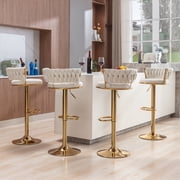 VECELO Velvet Bar Stools Set of 4, Modern Swivel Adjustable Counter Height Kitchen Bar Chairs with Woven Back, for Dining Room Pub Island, White