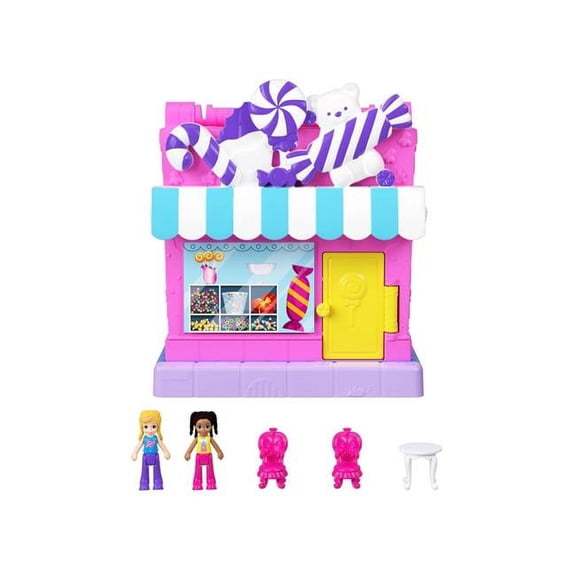 Polly Pocket Pollyville Sweet Store Dolls and Playset, Mini Toys with 2 Micro Dolls and 3 Accessories, HNB03