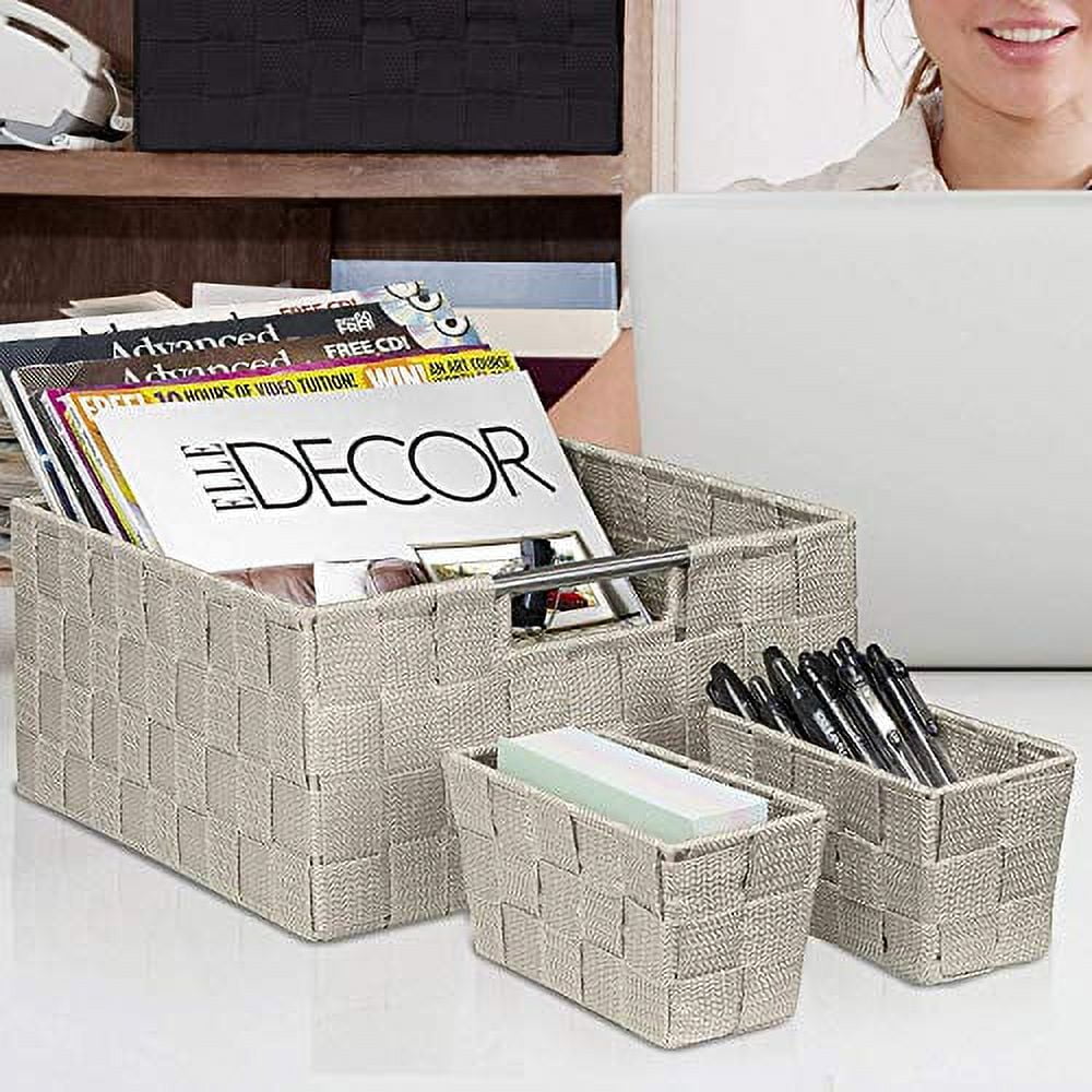 Sorbus Stackable Beige Woven Fabric Storage Basket, Built-in Carry Handles, Set of 7