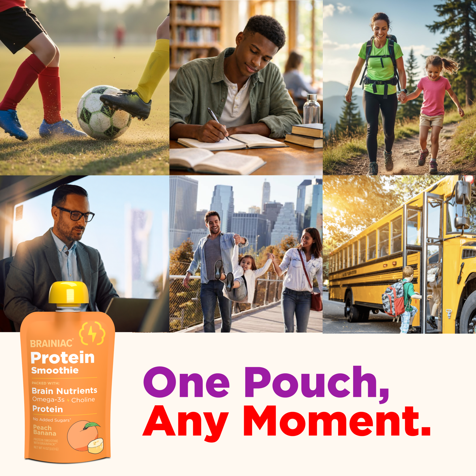 Brainiac Protein Smoothies with Omega-3s, Peach Banana, No Sugar Added, 4 oz, 4ct