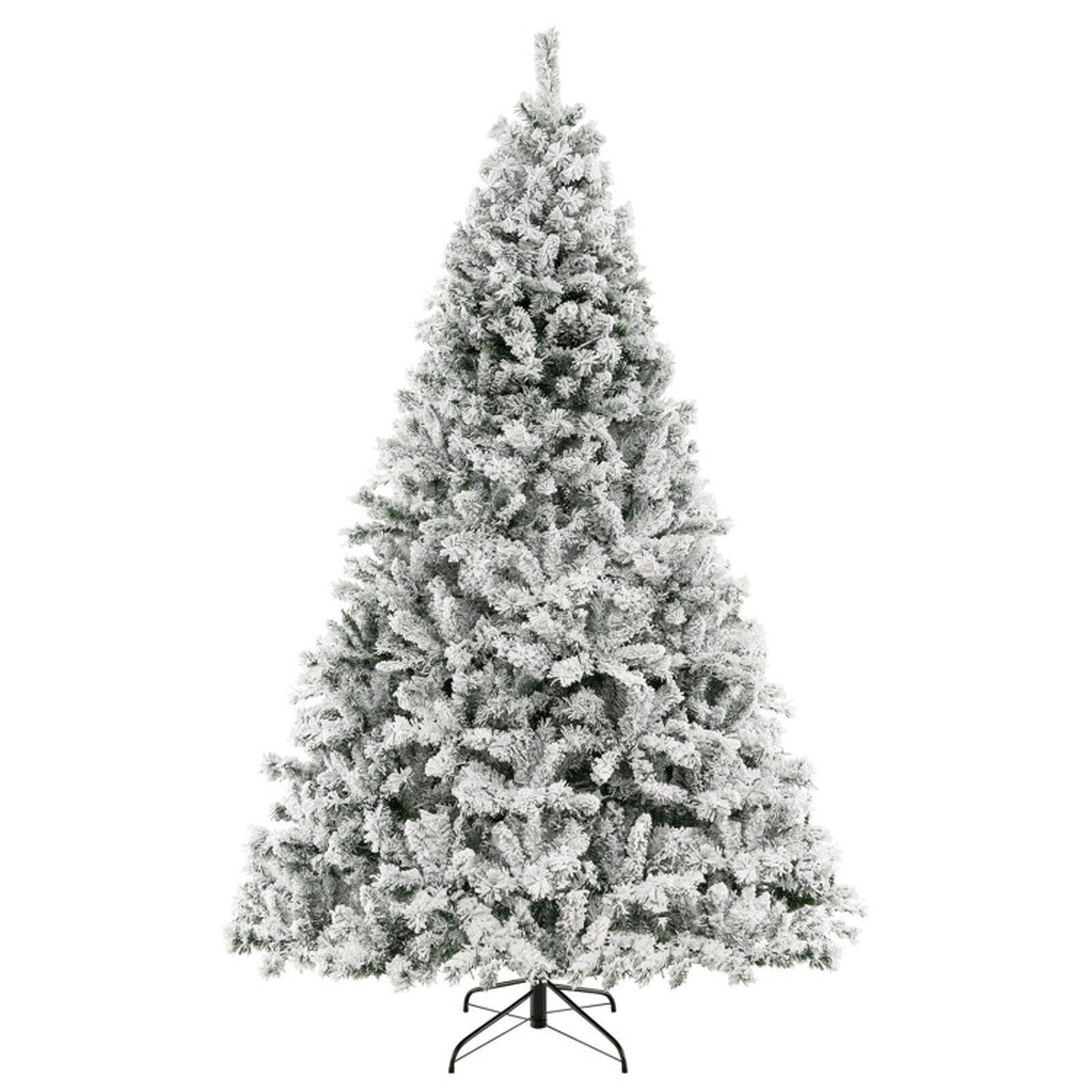 RUIE 8 ft Flocked Christmas Tree, Tall Pre-Lit Green White Artificial Xmas Tree with 600 LED Lights and 1370 Branch Tips for Home