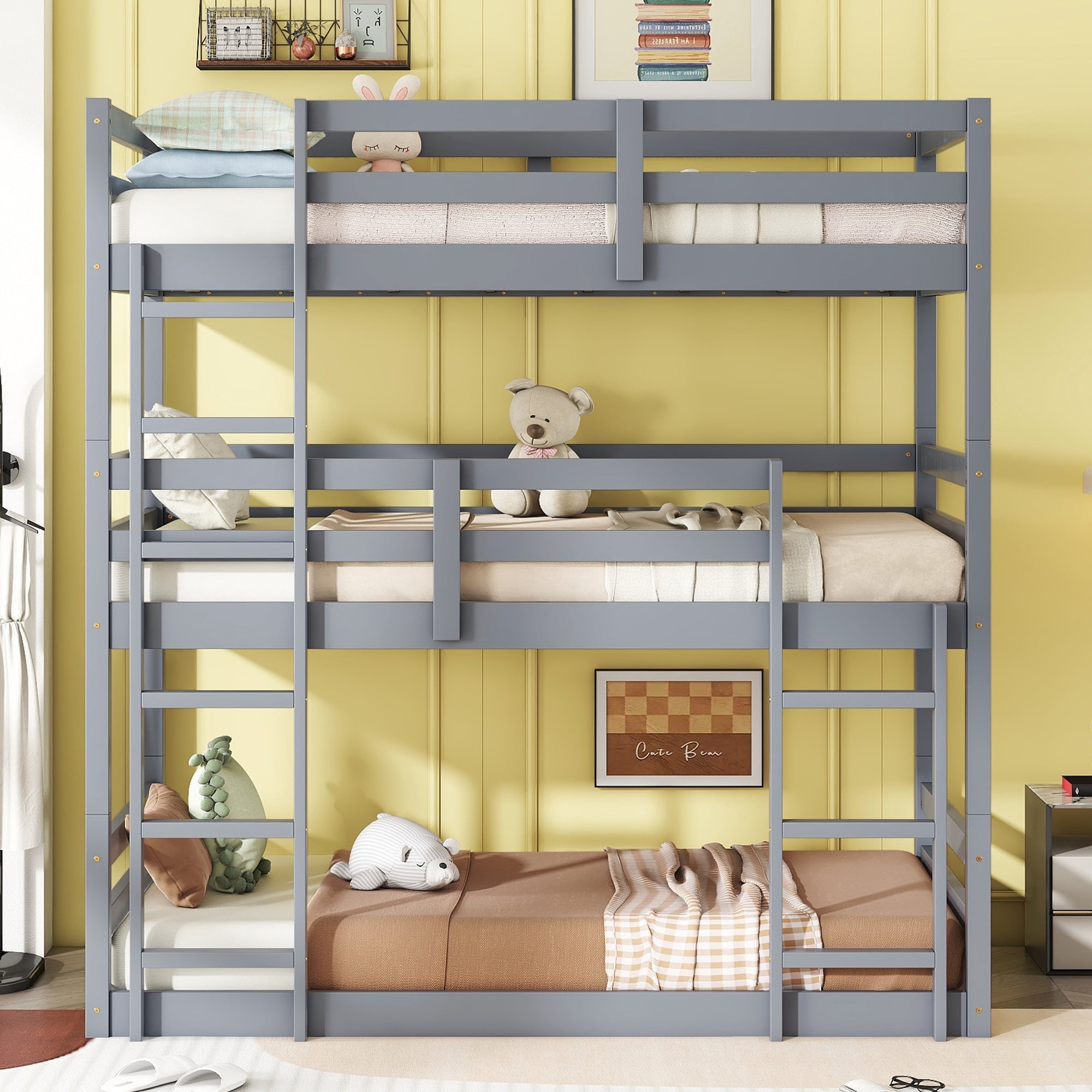 Sailvan Bunk Bed Twin over Twin over Twin with Two Built-in Ladders Guardrails, Wood, Detachable Triple Twin Bunk Bed