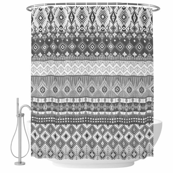 Gray Geometric Shower Curtain, 36" x 72", Bohemian Style Ethnic Tribal Painting Waterproof Bathroom Curtain Washable Shower Curtain Set with 12 Hooks