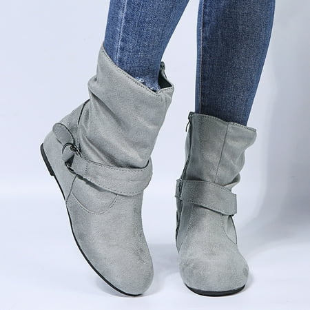 

Akiihool Womens Work Boots Slip On Women s Platform Ankle Boots Elastic Heel Mid Calf Low Heeled Short Booties (Grey 7.5)