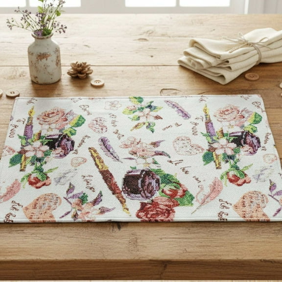 DaDa Bedding Set of 4-Pieces Sweet Love Notes Pink Floral Tapestry Table Placemats 13” x 19” (18273)