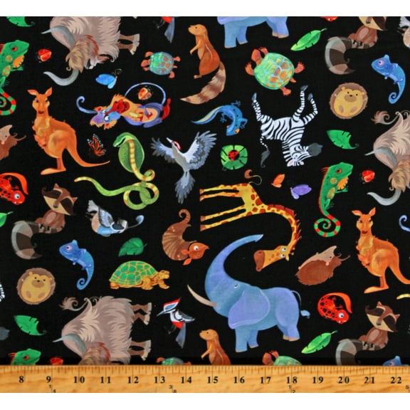 Cotton Animals Zebras Giraffes Elephants Turtles Kangaroos ABC 123 Animal Toss Black Kids Children's Cotton Fabric Print by the Yard (DP24947-99)
