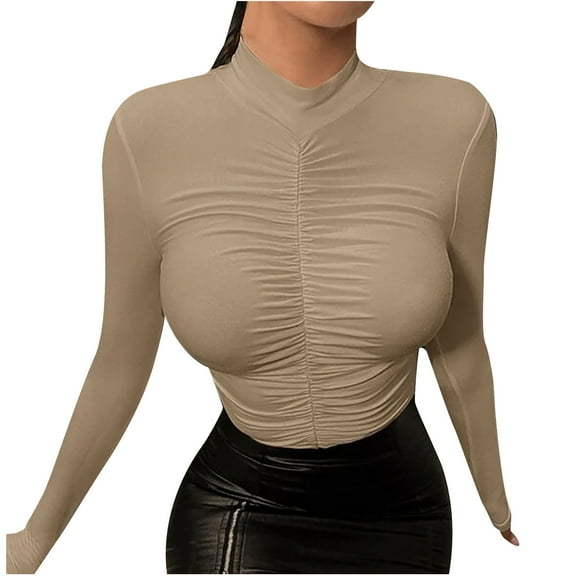 STETMN Women's Ruched Tops Casual Mock Neck Plain Shirt Crop Slim Fit Going Out T-Shirt