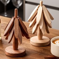 Set of 3 Kitchen Table Decor Foldable Wooden Trivets, 3 Wooden Trivet   1 Stand Stored Like a Christmas Tree, for Hot Pots and Pans, Tree Shape Trivets, Kitchen Counter Christmas Decor, 2 Set