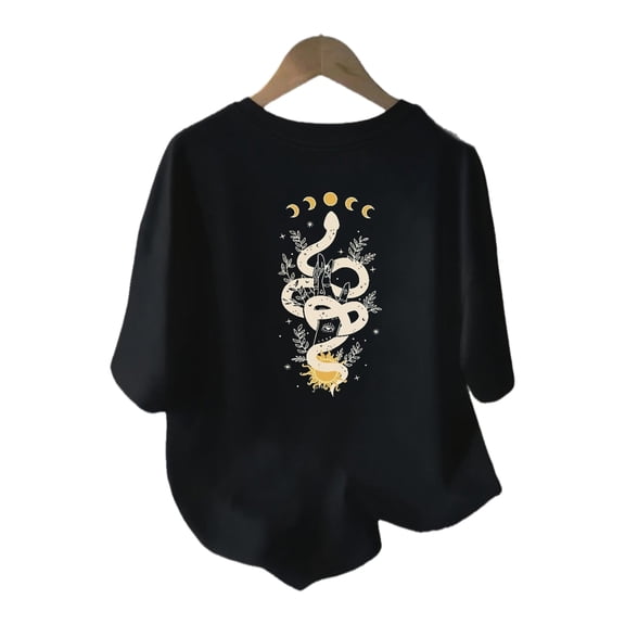 Women's Black T-Shirt - Back Mystical Snake, Sun and Moon Graphic Tee - Crew Neck Casual Everyday & Party Top, Versatile Clothing, Trendy Fashion, Machine Washable