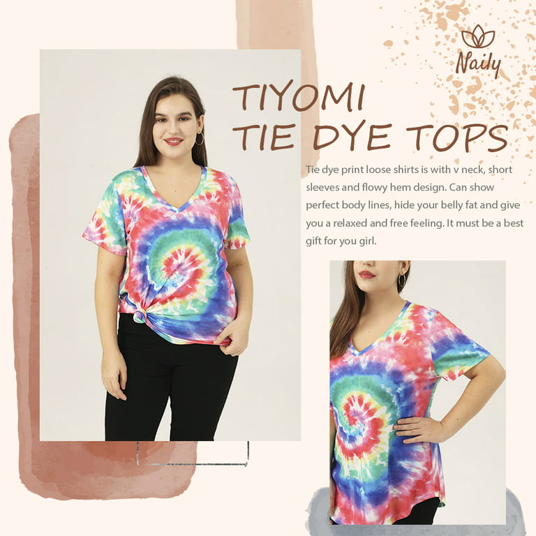 TIYOMI Womens Plus Size Tops Rainbow Tie Dye Short Sleeve Shirts V-Neck  Tunics Tie Dye Casual T-shirt Loose Fit Summer Tees 5XL 26W 28W 