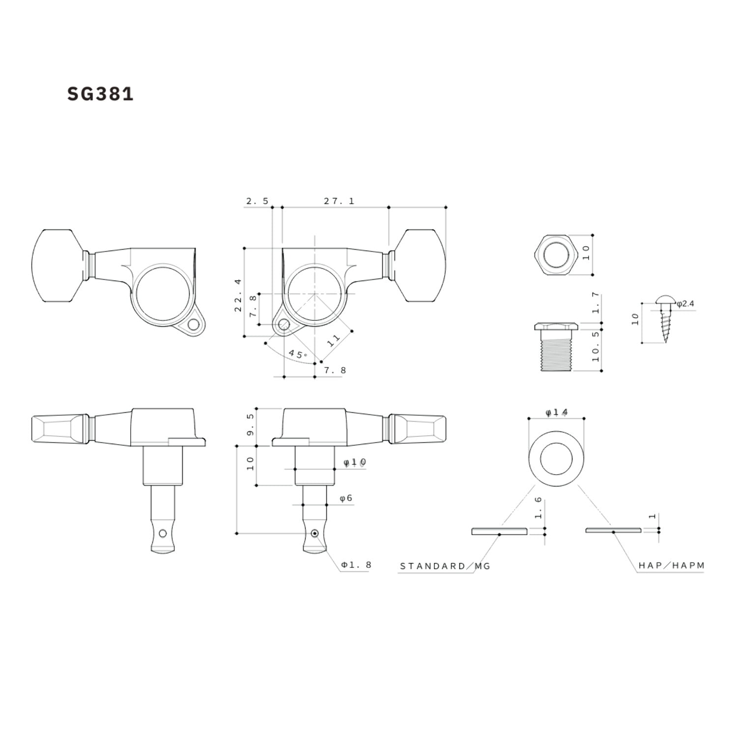 Allparts TK-0963 Gotoh SG381 3x3 Mini Keys with Large Buttons, Gold