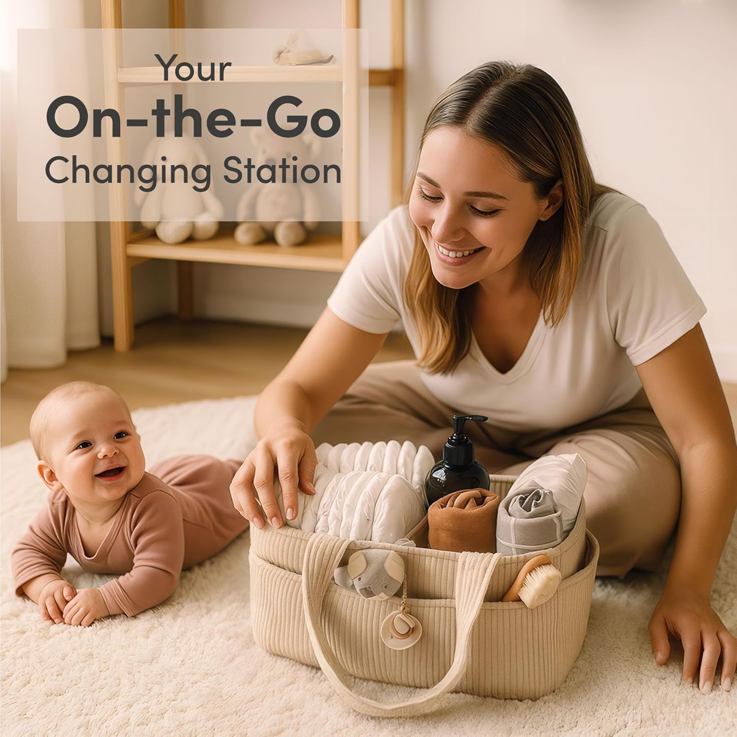 SONGAUN Baby Nappy Caddy Organiser for Changing Table – Stylish Nursery Storage Basket, Newborn Essentials, Baby Shower Gifts and Registry Must-Haves for Boy or Girl, Car Nappy Caddy, Corduroy Cream