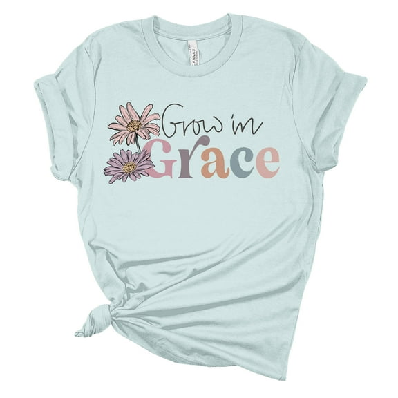 Grow In Grace Floral Unisex Ladies Design Christian T-shirt Graphic Tee-Light Blue-large