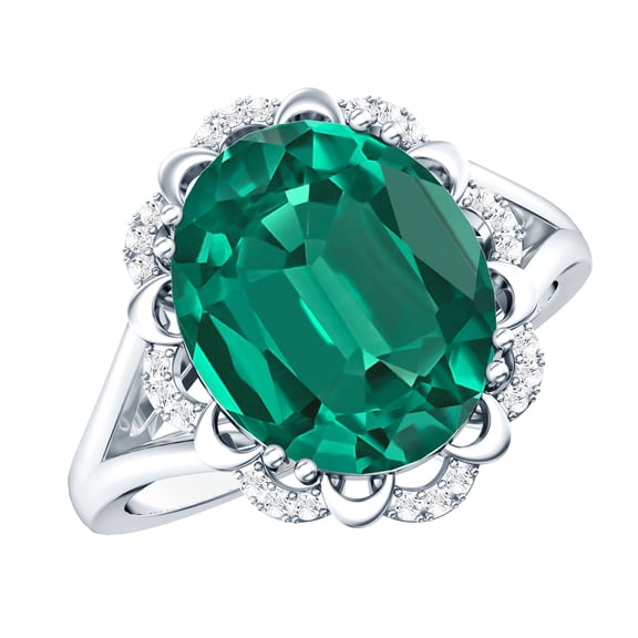 Rosec Jewels Lab Grown Emerald Ring with Diamond - 10X12 mm - AAAA Grade, 925 Sterling Silver, US 4.00
