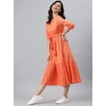 thumbnail image 3 of Janasya Summer Round Neck Half Sleeve Woven Design Orange Cotton Tiered Midi Dress For Women, 3 of 5