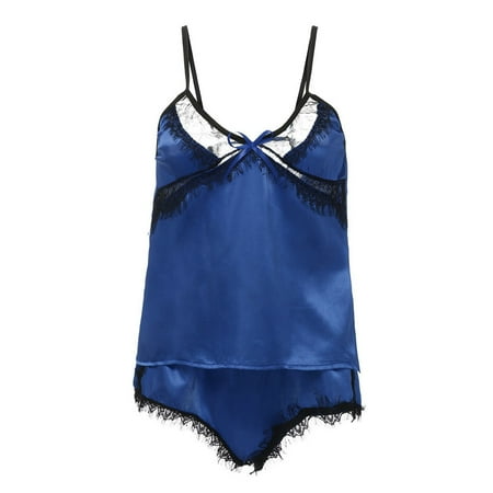 

DNDKILG Satin Cami and Shorts Sets Nightwear Pajamas Set for Women Lace Loungewear Pj Set Two-Piece Sleepwear Blue XL