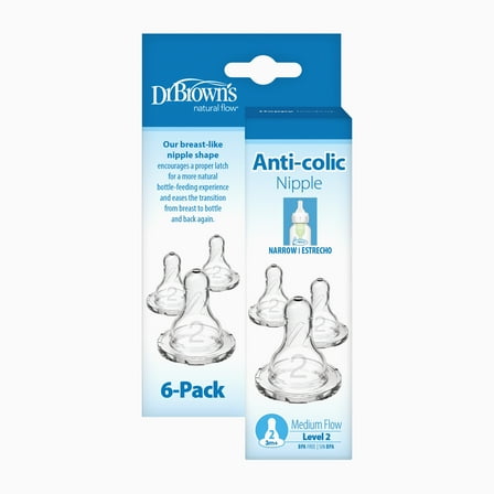 Dr. Brown's Natural Flow Level 2 Narrow Baby Bottle Silicone Nipple, Medium Flow, 3m+, 100% Silicone Bottle Nipple, 6 Pack