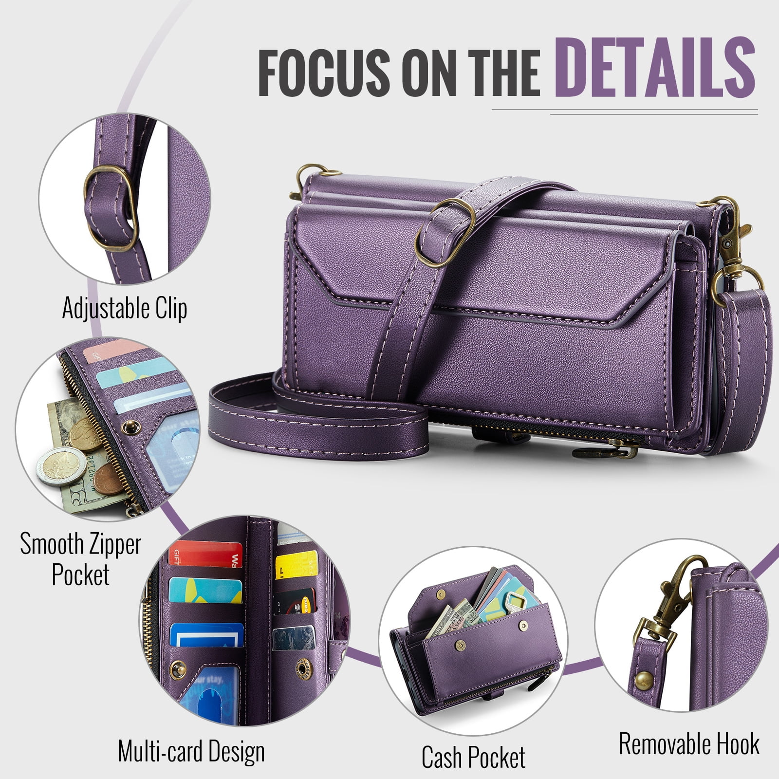 Asuwish Compatible with Samsung Galaxy A17 5G Zipper Wallet Phone Case Tempered Glass Screen Protector Crossbody Lanyard Strap Flip Card Holder Slot Cell Cover for A 17 17A G5 Women Girls Purple