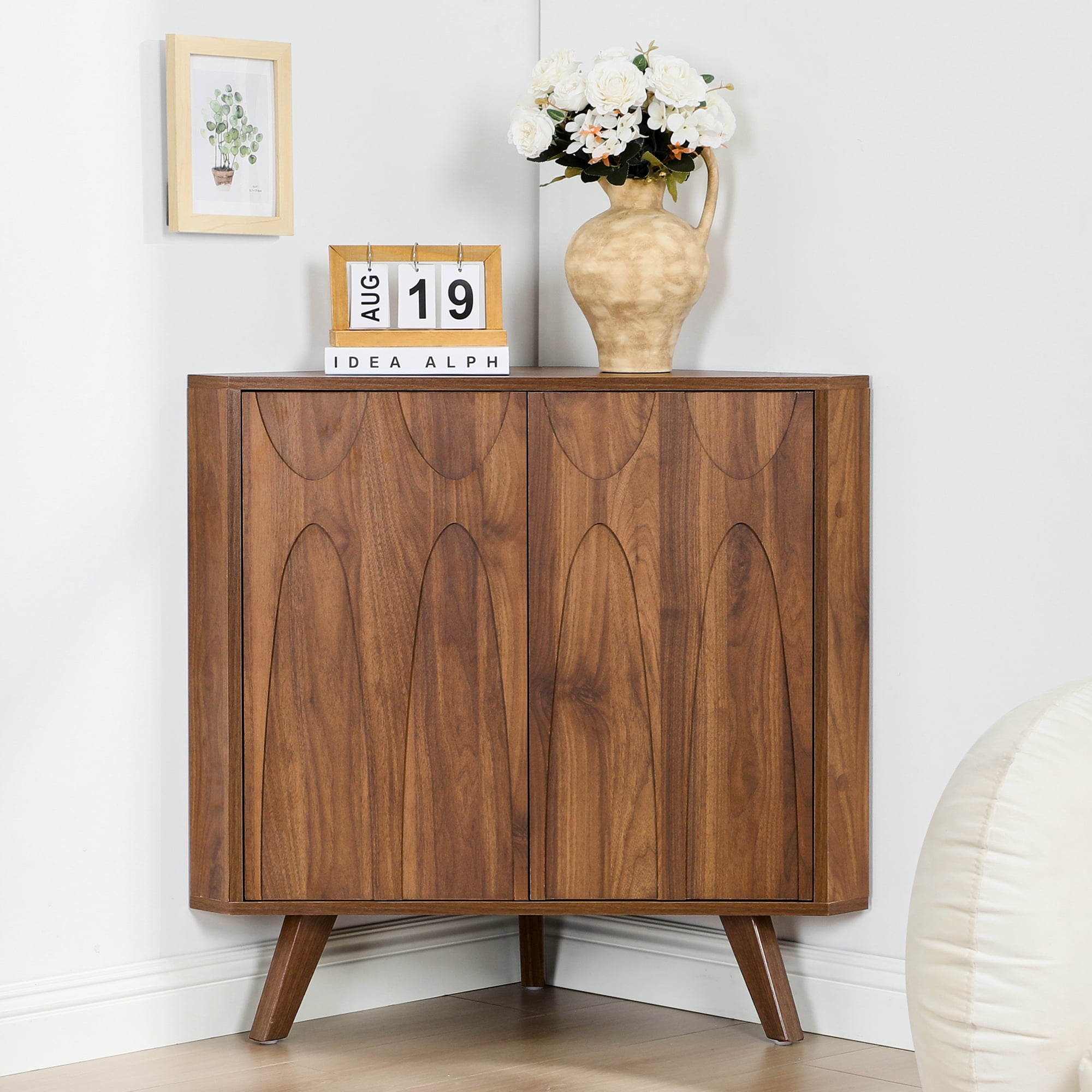 LEFHDA Adjustable Shelf Corner Cabinet with 2 Doors — Freestanding Storage Organizer for Bathroom, Kitchen, Living Room in Brown/Black & Walnut Finishes