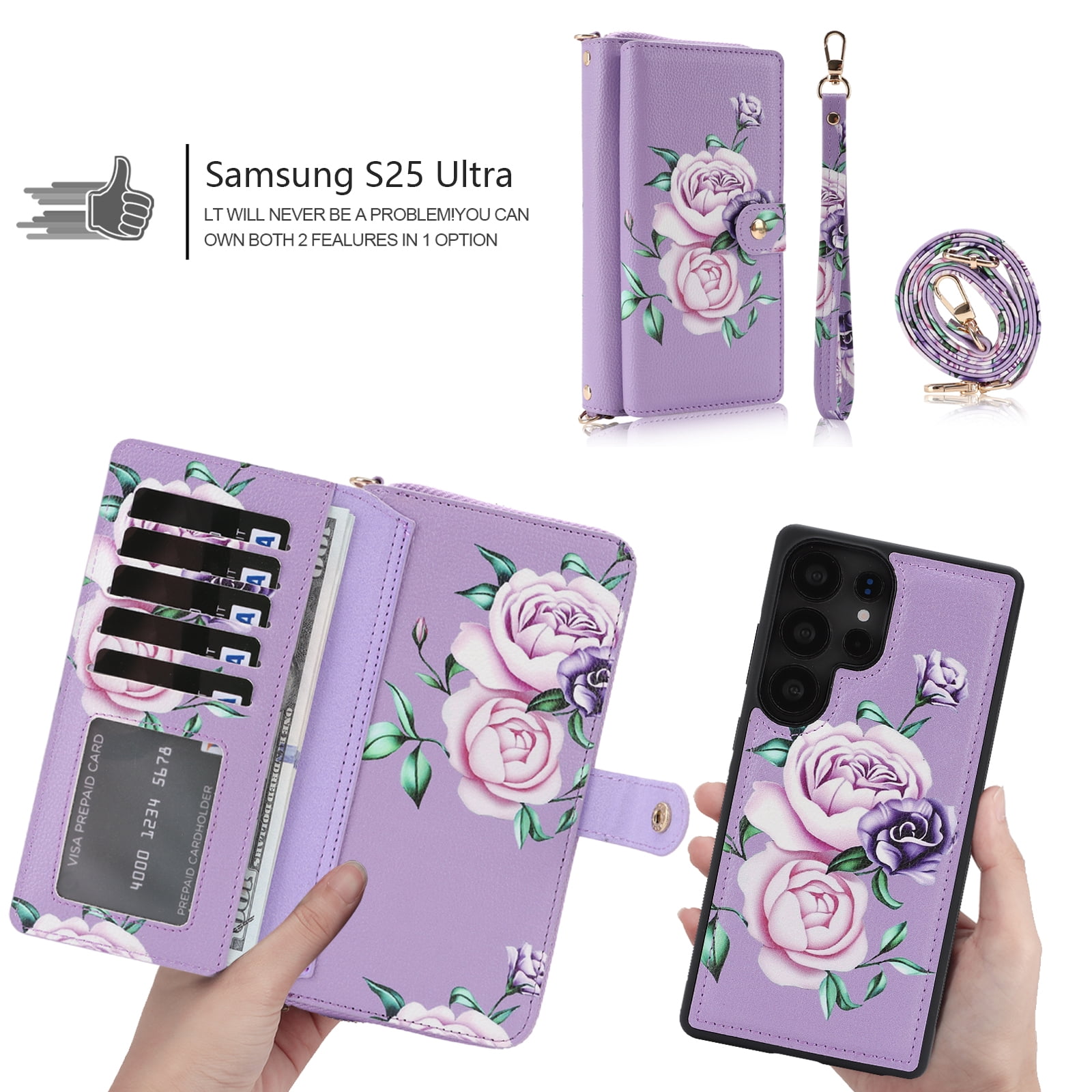 TECH CIRCLE 2-in-1 Wallet Case for Galaxy S23 (6.1", 2023), Detachable Magnetic Back Cover, PU Leather Flip Flower Phone Case with 15 Card Slots, Zipper Pocket, Wrist/Shoulder Strap, Purple