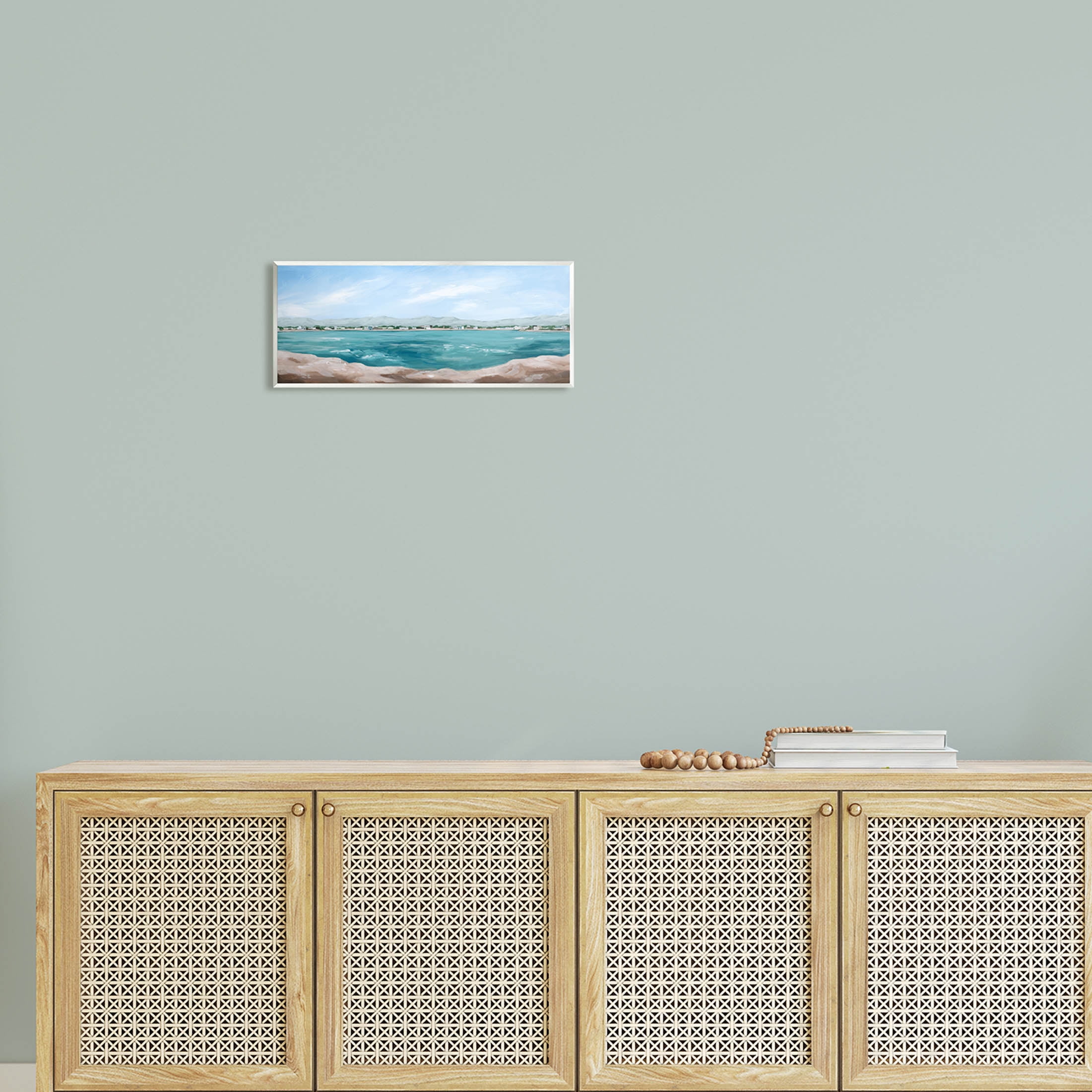 Stupell Industries Panoramic Rocky Ocean View Distant Town Painting Unframed Art Print Wall Art, Design by Grace Popp
