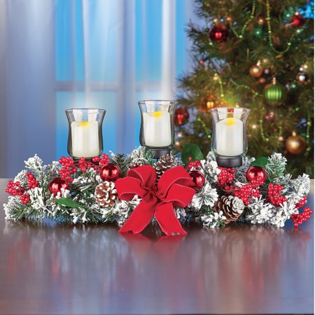 Winter Centrepieces Winter Pines LED Candle Holder Centerpiece with Ornaments, Berries, Frosted Christmas Accent ()