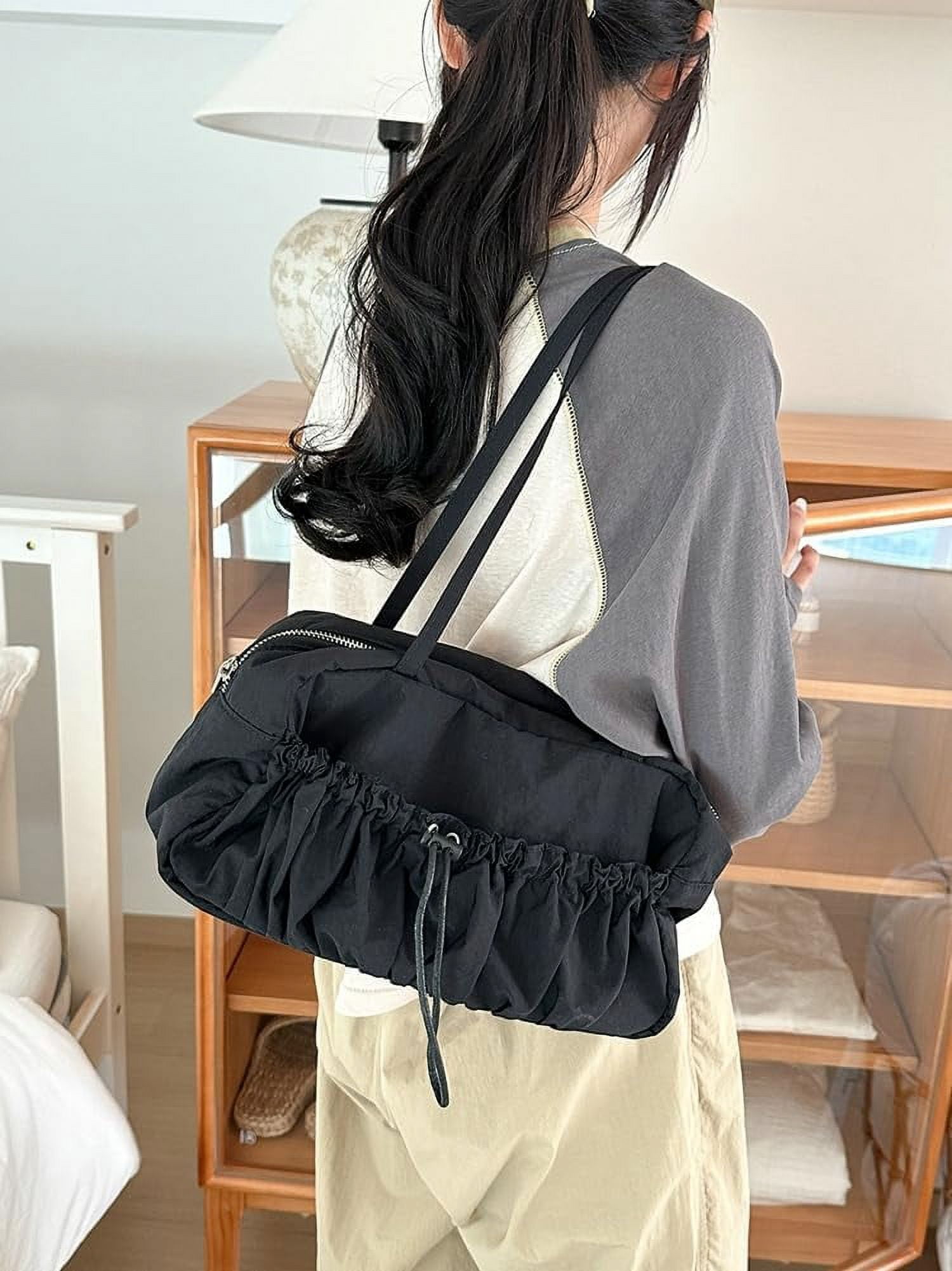 Zhengup Nylon Hobo Bag for Women Shoulder Bag Purse Large Capacity Totes Handbag Drawstring Pleated Top Handle Bag