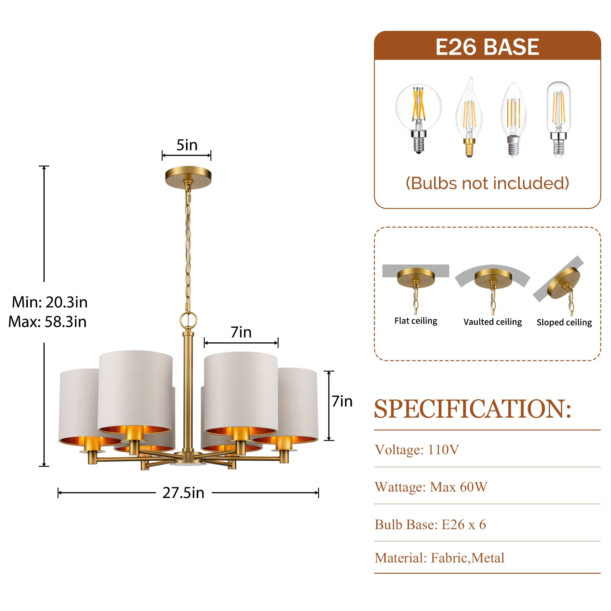 6-Light Modern Drum Chandelier Dining Room Pendant Light Fixture with Gray/Gold Fabric Shade for Kitchen, Island, Dining Room, Living Room