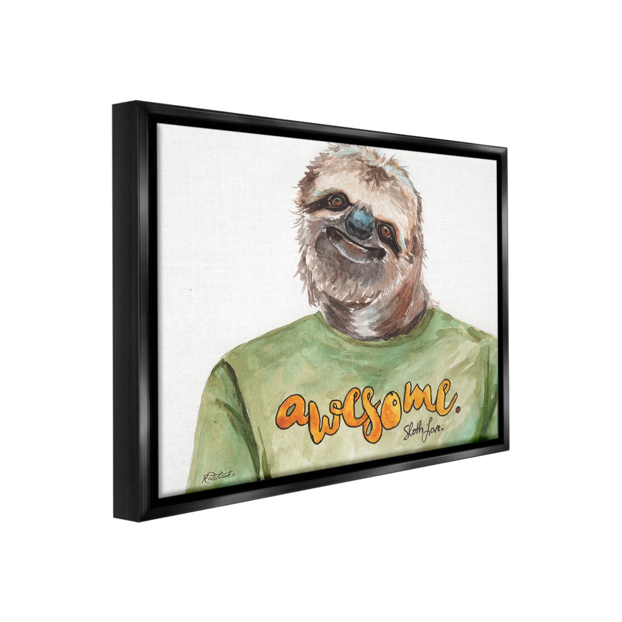 Stupell Industries Sloth with Awesome Shirt Animals & Insects Painting Black Floater Framed Canvas Art Print Wall Art, 21 x 17