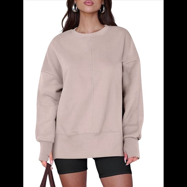 Sudaderas Oversize para Mujer, Cuello Redondo, Larga, Informales, Holgadas, con Aberturas, para Otoño Caqui S
