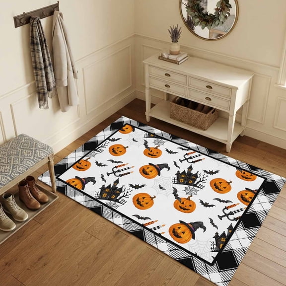 Area Rugs 3'x5', Orange Pumpkins Halloween Carpet Runner Indoor Outdoor Rugs Home Decor Aesthetic, Black Castle Black Plaid Non Slip Mats Washable Accent Rug for Living Room Bedroom