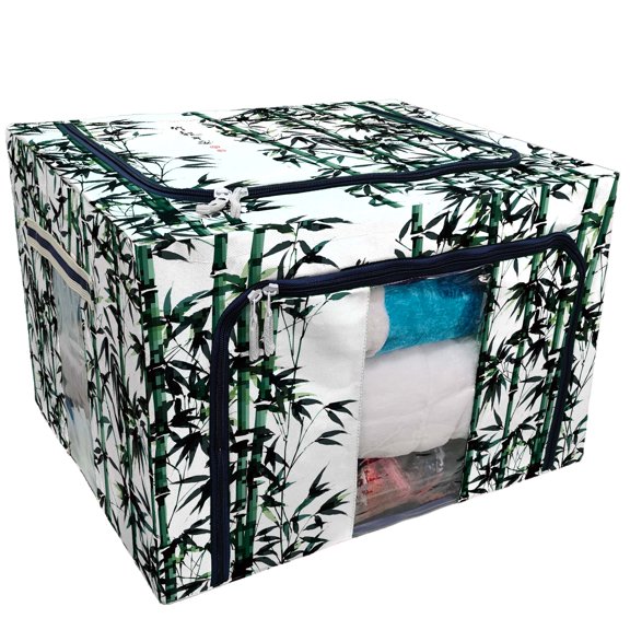 PKQWTM Bamboo Ink Painting Asian Storage Bag Clear Window Storage Bins Boxes Large Capacity Foldable Stackable Organizer With Steel Metal Frame For Bedding,Clothes,Closets, Bedrooms