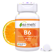 EZ Melts Vitamin B6 Supports Cell Membrane Health, 500 mg 60 Tablets, Orange Flavored, Vegan Dietary Supplements, Dissolvable and Fast Melting