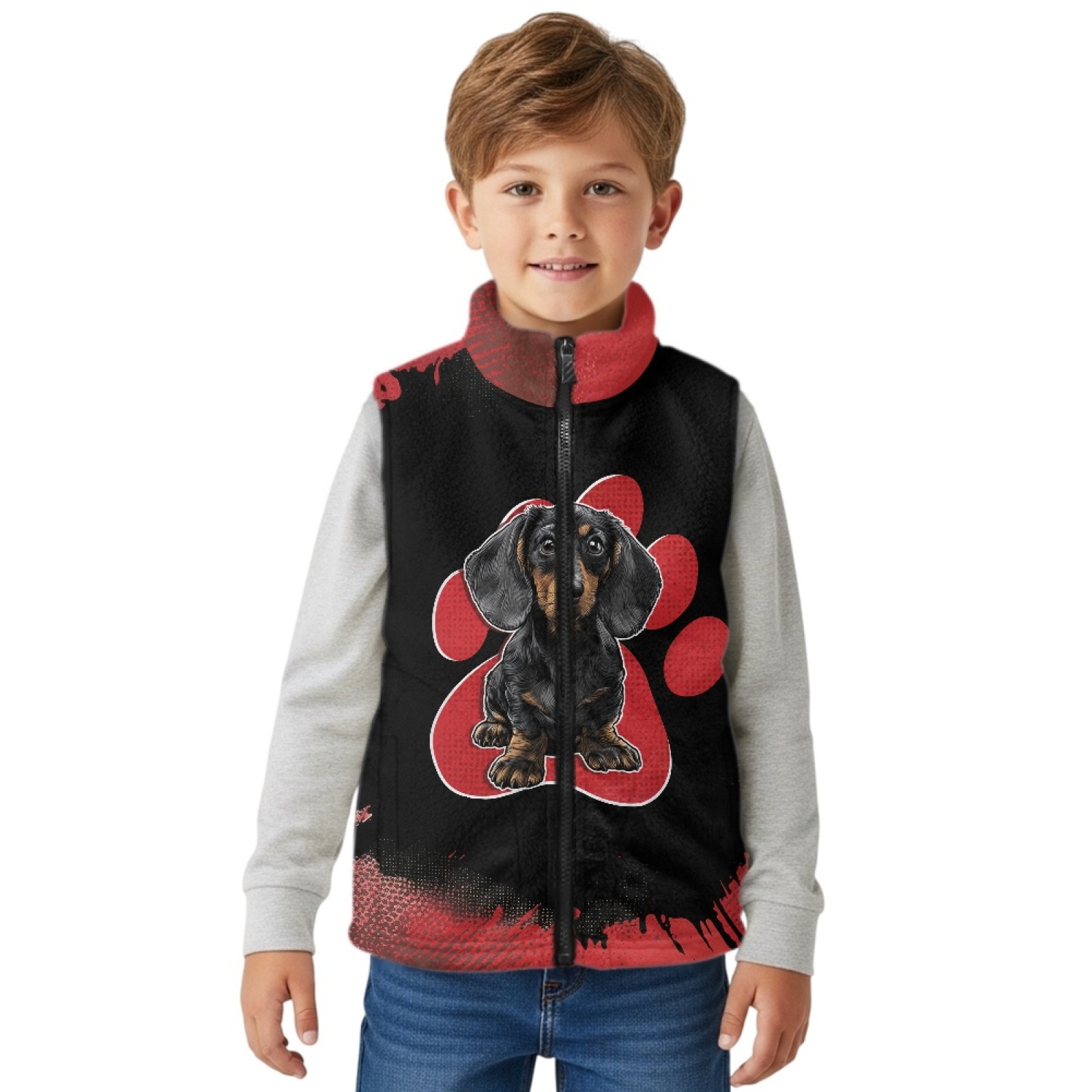 Xoenoiee Dachshund Paw Print Vest Zip Up Jacket Sleeveless Stand Collar with Pockets Toddler Boys Fleece Vest Fall Winter Warm Outerwear, Size 11-12 Years