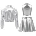 thumbnail image 2 of TiaoBug Girls Jazz Hip Hop Dance Outfits 3Pcs Tracksuit Shiny Metallic Crop Tops with Bomber Jacket and Skirt Set Silver 12, 2 of 3