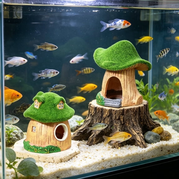 Artificial Moss Mushroom House Aquarium Ornament, Resin Fish Tank Decor with Hiding Cave, Realistic Fairy Tale Cottage Design for Shrimp and Fish, Safe for Freshwater and Saltwater Tanks