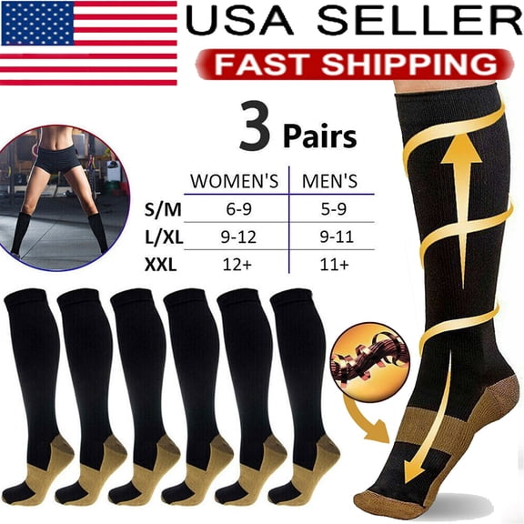 Lohoms 3 Pairs Black Compression Socks S/ M 20-30mmHg Graduated Unisex Knee-high Sports Stockings
