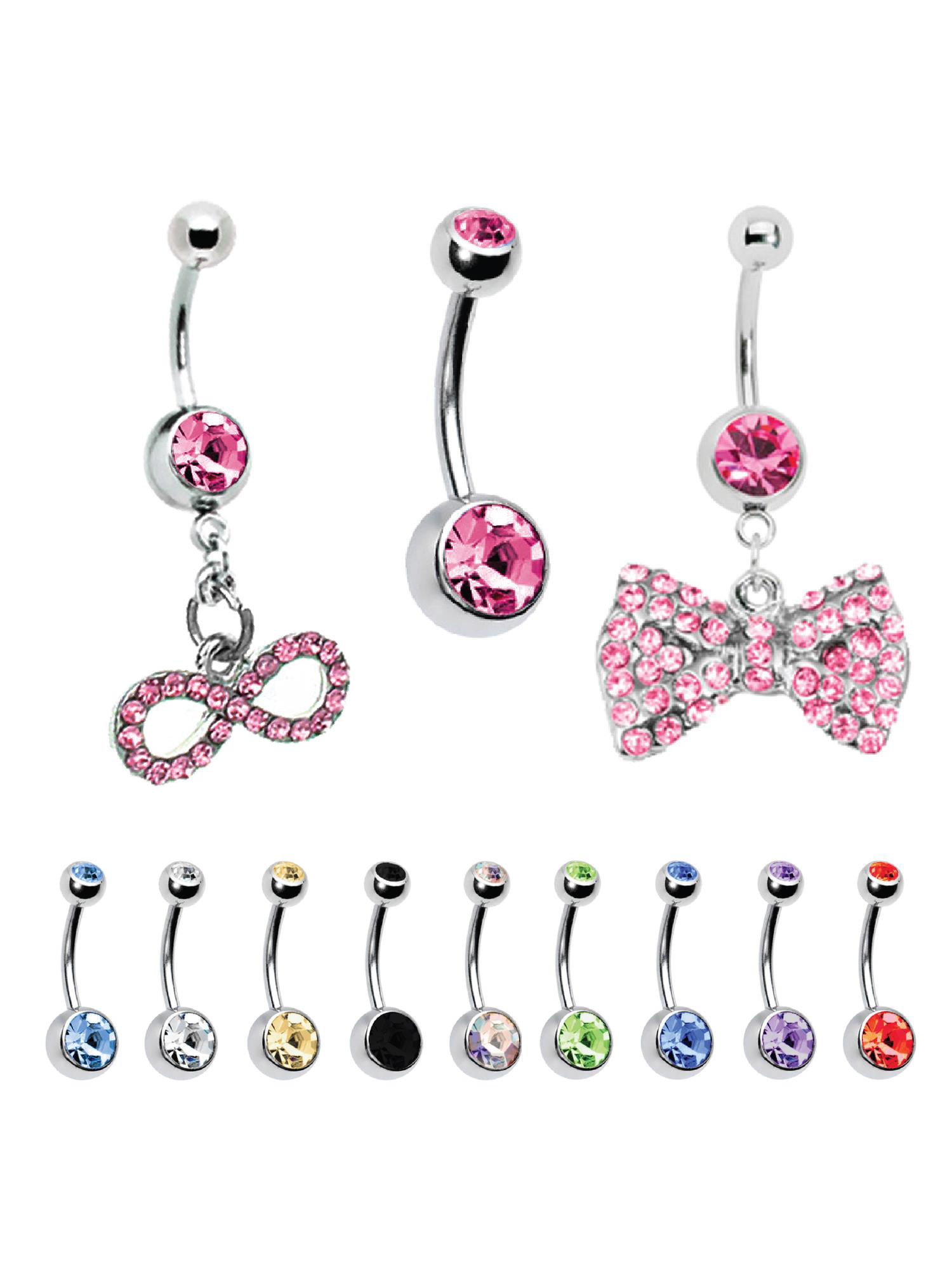 14g Navel Belly Button Rings Bar Crystal Dangle Body Piercing White blue Pink 