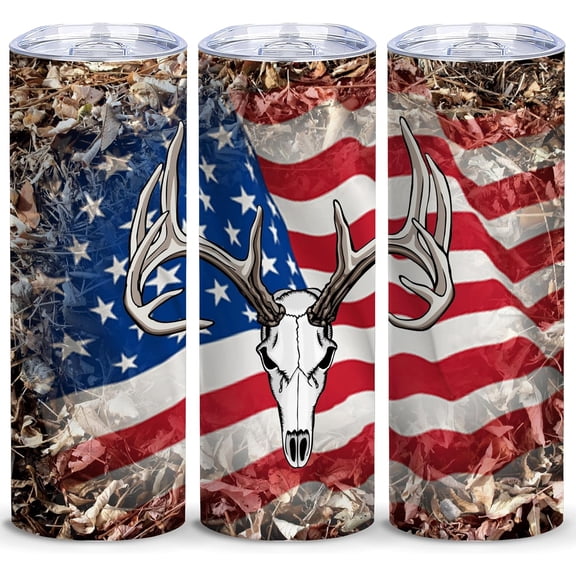 Deer Hunting Gifts for Men,American Camo Skull,American Flag Tumbler,20 OZ Insulated Vacuum Skinny Tumbler with Lid,Personalized Gifts for Men Women Dad Papa