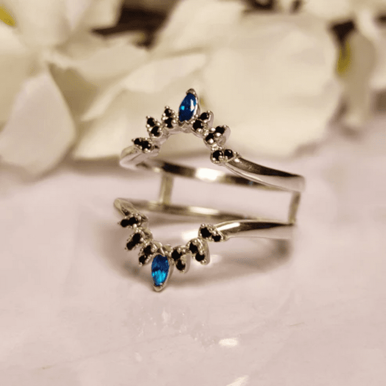 Blue Sapphire and Black Diamond Ring Guard- Delicate Wedding Ring