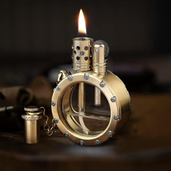 Vintage Trench Lighter, Windproof Pipe Lighter Fluid Refillable With Creative Transparent Bottle, Cool Classic Kerosene Lighters, Brass Antique Lighte