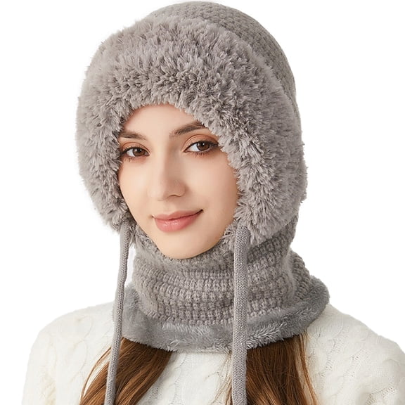 Women Thermal Knitted Beanie Cap, Fleece Lined Warm Snow Hat, 3 in 1 Integrated Winter Scarf and Face Mask Protective Set, Grey