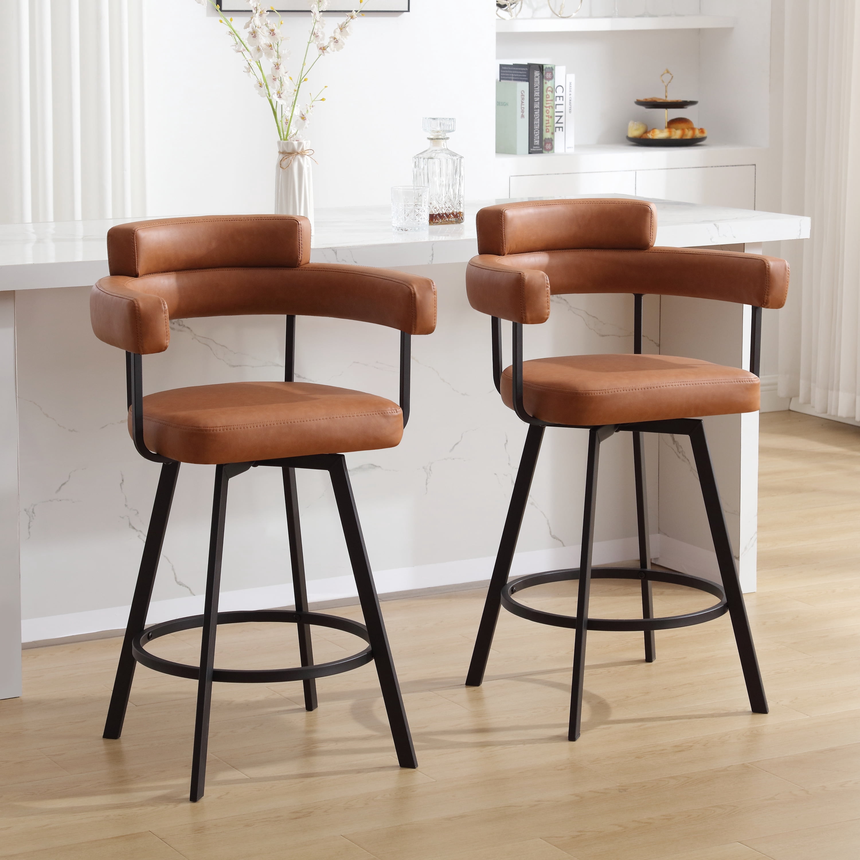 Zesthouse 26" Counter Height Swivel Barstools, Faux Leather Upholstered Bar Stools Set of 2, Armrests, Metal Base, Brown