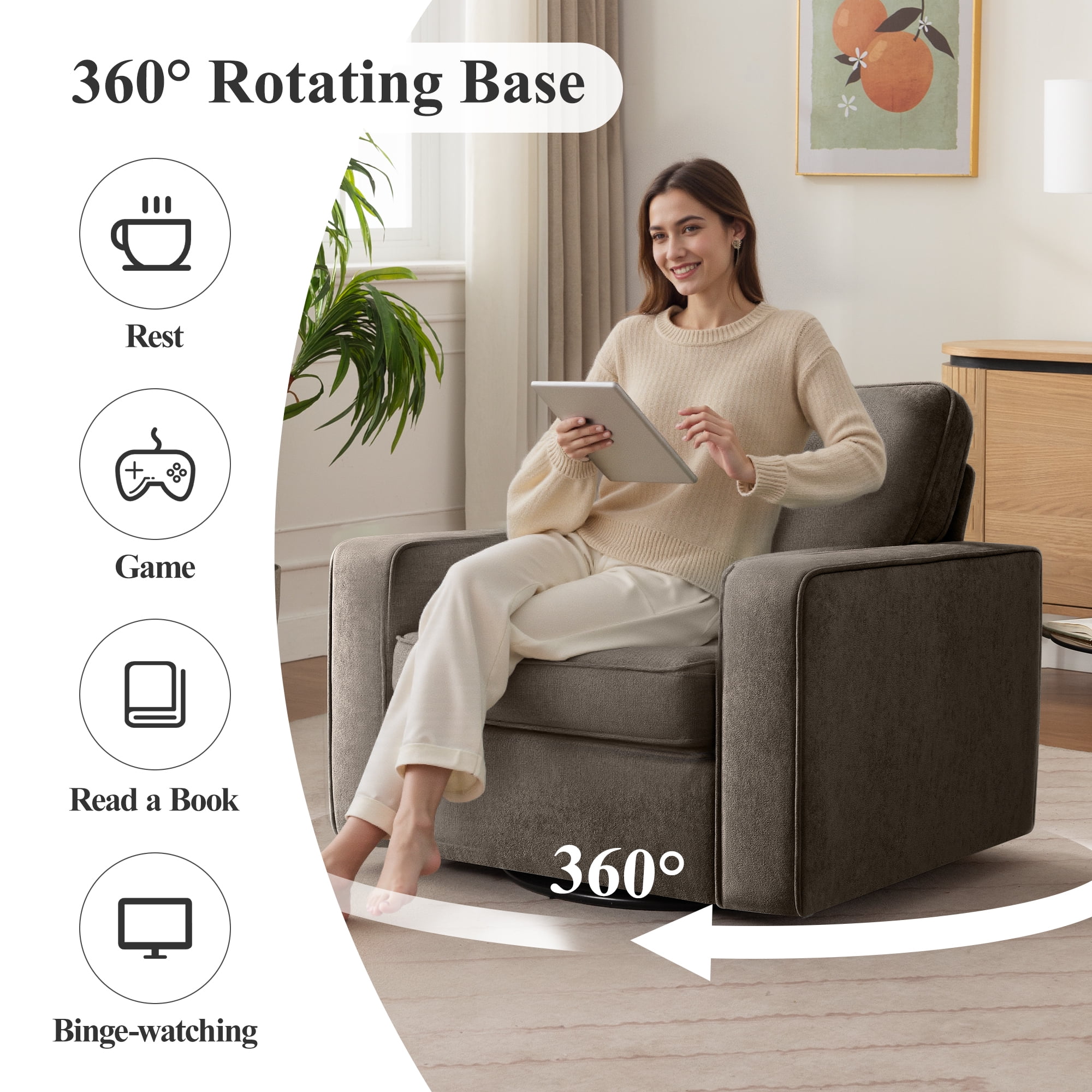 COOLHUT 360° Swivel Accent Chair Set of 1, 36.2" Wide Accent Chair Armchair, Comfy Upholstered Single Sofa Chair for Living Room and Bedroom, Coffee