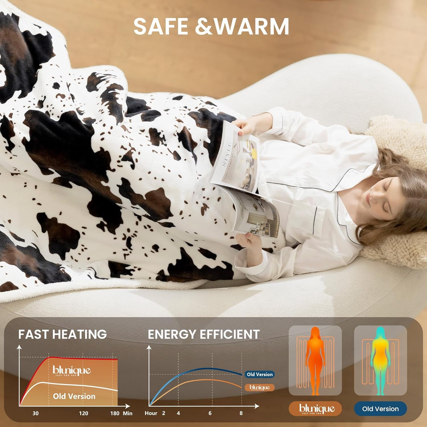 Cow Print Heated Throw Blanket Electric Blanket-Heating Blanket Throw with 10 Heat Levels & 10 Hours Auto Off, Cozy Soft Fleece Sherpa, Washable, 50 x 60 Inches Cow Print White