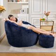 thumbnail image 3 of Giant Faux Fur Bean Bag Chair, Oversized Pumpkin-Shaped Floor Sofa Couch in Dark Blue, 3 of 6