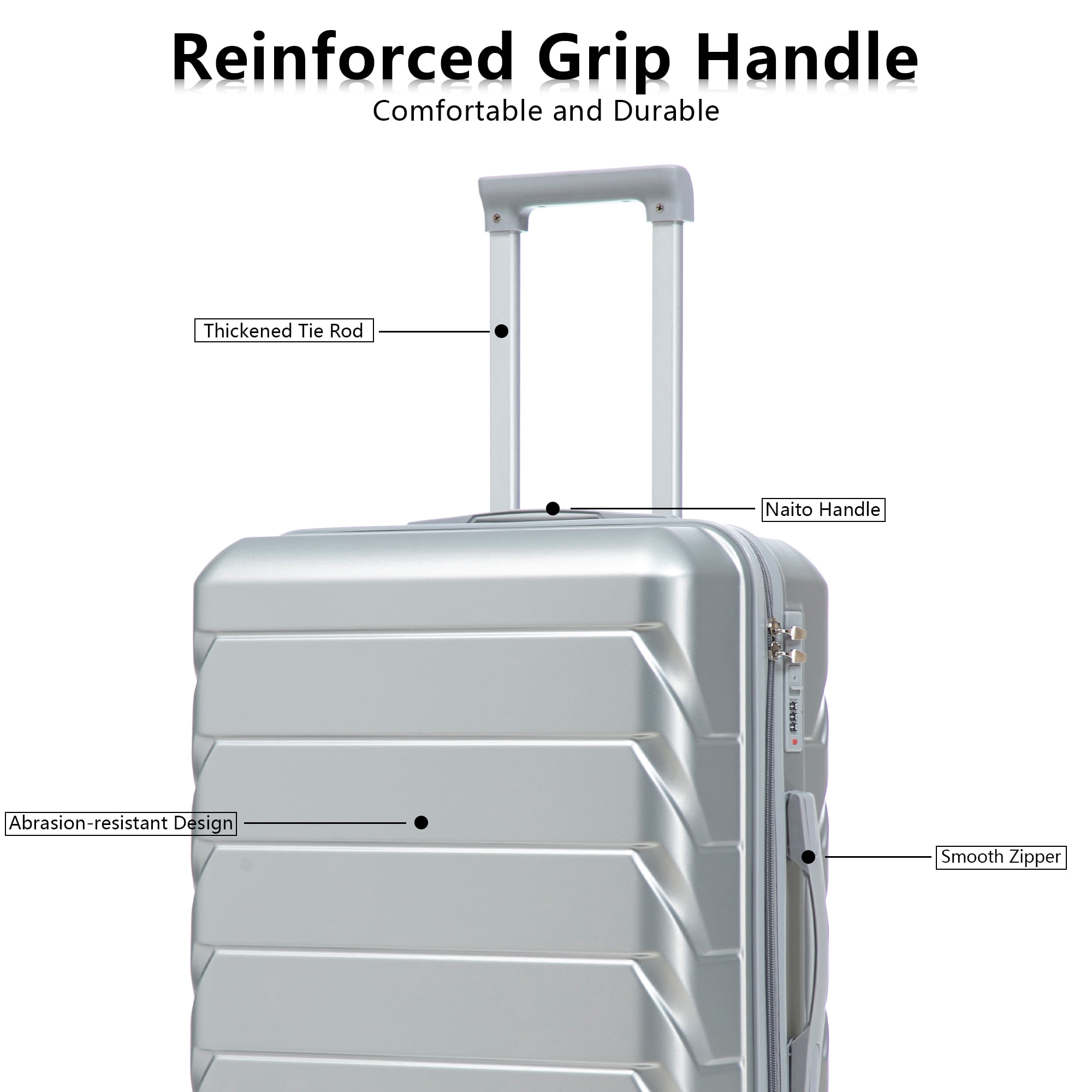 Alvantor 3Pcs Luggage Set, ABS Hardside Spinner Suitcase with Combination Lock, 20/24/28 Inch, Silver