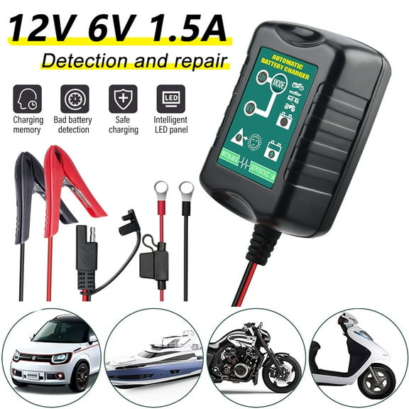 "6V/12V 1.5Amp Fully Automatic Smart Battery Charger, Trickle Charger, Battery Maintainer with Fault Battery Detection Safety Protection for Car Motorcycle Lawn Tractors Trucks Boat(,JZ15)"
